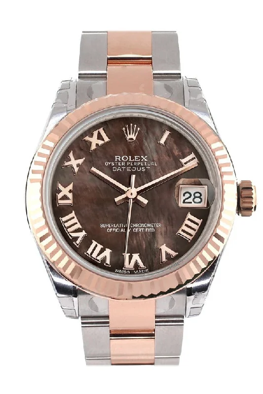 Rolex Datejust 31 Black Mother of Pearl Roman Dial Fluted Bezel 18K Rose Gold Two Tone Ladies Watch 178271