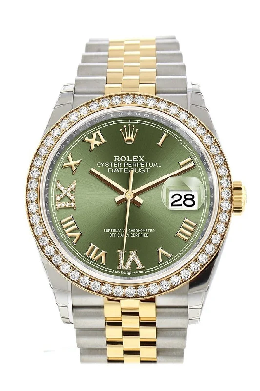 Rolex Datejust 36 Olive green set with diamonds Dial Diamond Bezel Jubilee Yellow Gold Two Tone Watch 126283RBR 126283 NP