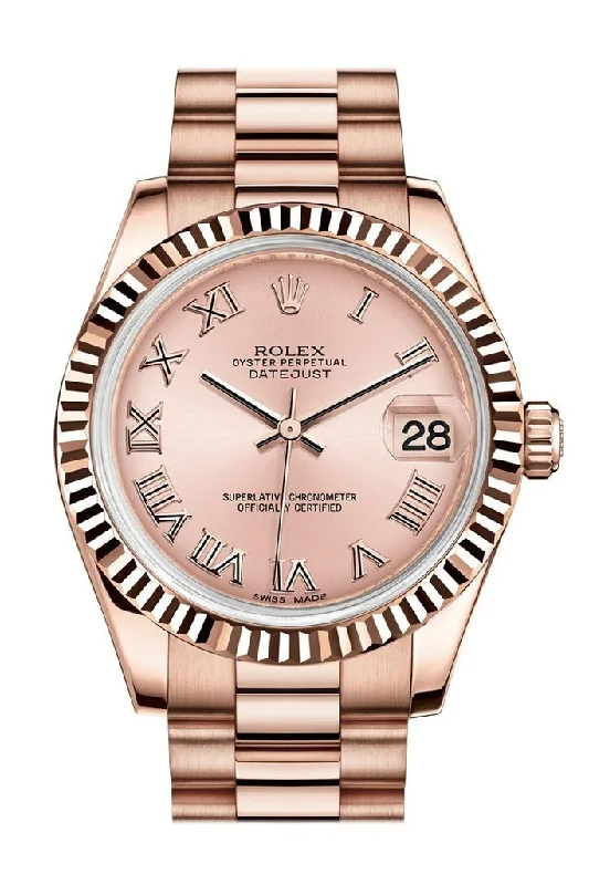 Rolex Datejust 31 Pink Roman Dial Fluted Bezel 18K Everose Gold President Ladies Watch 178275