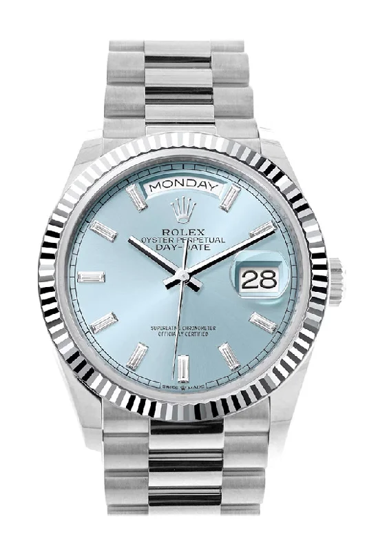 Rolex Day-Date 36 Ice Blue Diamond Dial Fluted Bezel Platinum President Watch 128236