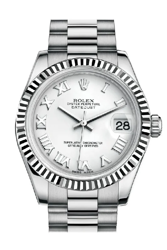 Rolex Datejust 31 White Roman Dial Fluted Bezel 18K White Gold President Ladies Watch 178279