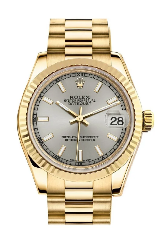 Rolex Datejust 31 Silver Dial Fluted Bezel 18K Yellow Gold President Ladies Watch 178278