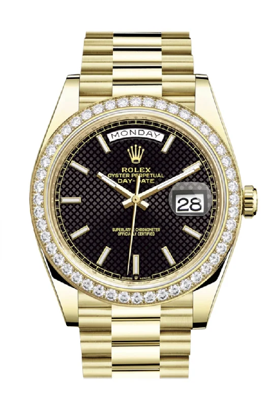 Rolex Day-Date 40 Black Motif Dial Diamond Bezel 18K Yellow Gold President Men's Watch 228348RBR 228348