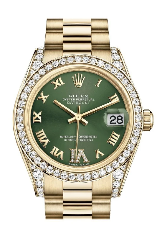 Rolex Datejust 31 Olive Green VI Diamonds Dial Diamond Bezel Lug 18K Yellow Gold President Ladies Watch 178158