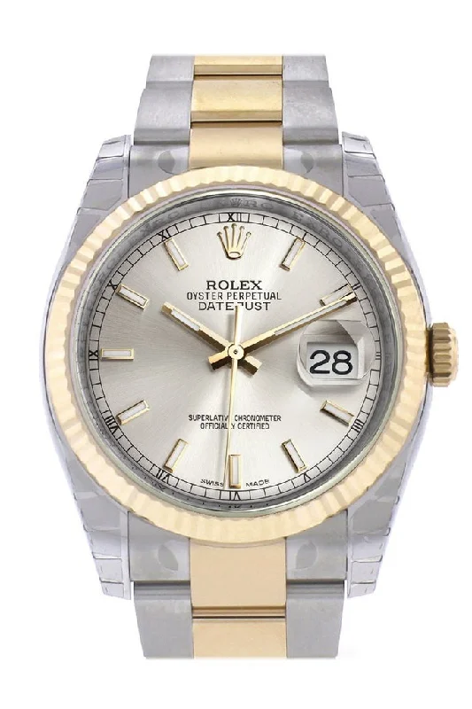 Rolex Datejust 36 Silver Dial Fluted 18K Gold Two Tone Oyster Watch 116233