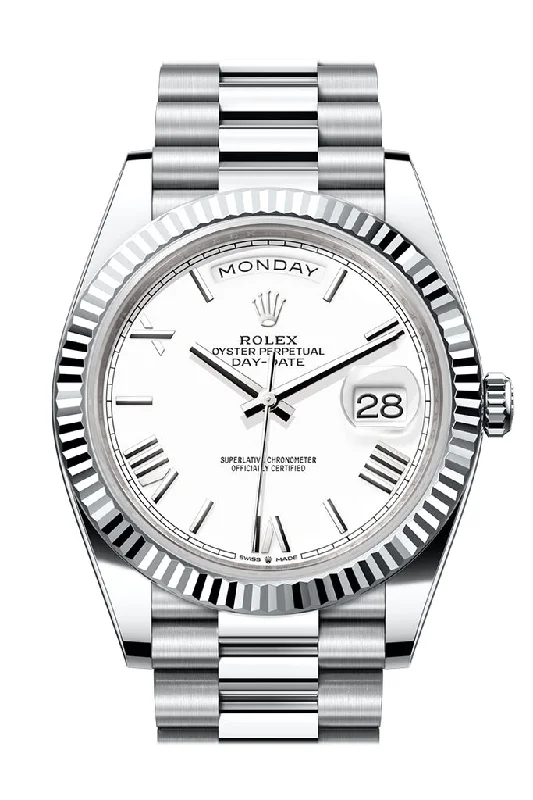 Rolex Day-Date 40 White Dial Fluted Bezel Platinum President Men's Watch 228236