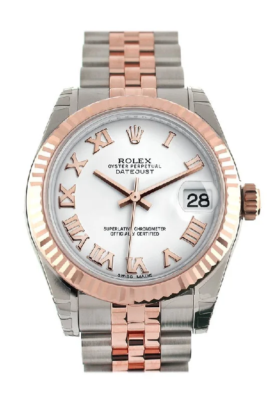 Rolex Datejust 31 White Roman Dial Fluted Bezel 18K Rose Gold Two Tone Jubilee Ladies Watch 178271