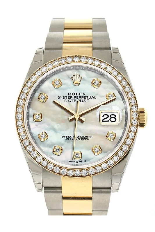 Rolex Datejust 36 White mother-of-pearl Diamonds Dial Diamond Bezel Oyster Yellow Gold Two Tone Watch 126283RBR 126283 NP