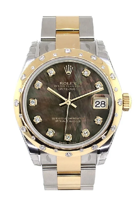 Rolex Datejust 31 Black Mother of Pearl Diamonds Dial Diamond Bezel 18K Gold Two Tone Ladies 178343