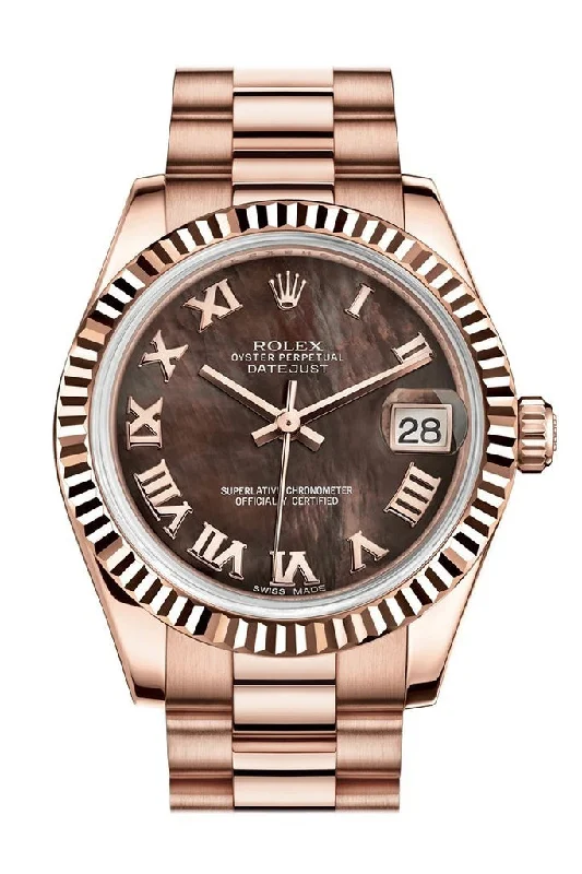 Rolex Datejust 31 Black Mother of Pearl Roman Dial Fluted Bezel 18K Everose Gold President Ladies Watch 178275