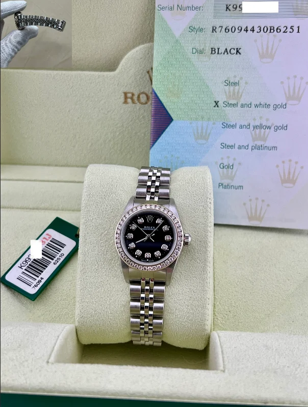 Rolex Ladies Oyster Perpetual 76094 Black Dial Steel Jubilee Band Box Paper 24mm