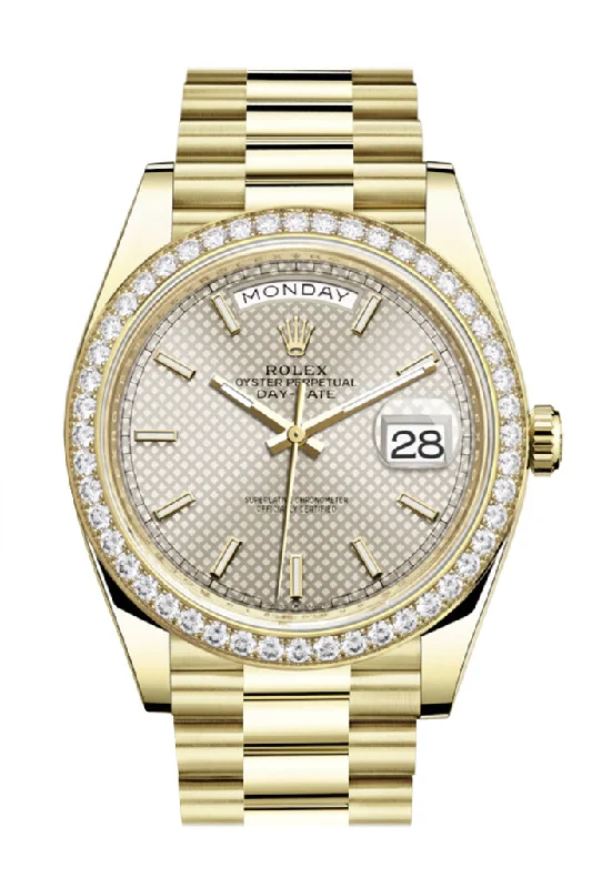 Rolex Day-Date 40 Silver Motif Dial Diamond Bezel 18K Yellow Gold President Men's Watch 228348RBR 228348