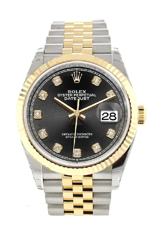 Rolex Datejust 36 Black set with diamonds Dial Fluted Bezel Jubilee Yellow Gold Two Tone Watch 126233 NP