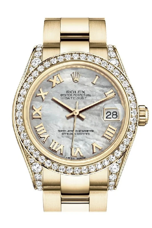 Rolex Datejust 31 White Mother of Pearl Roman Dial Diamond Bezel Lug 18K Yellow Gold Ladies Watch 178158