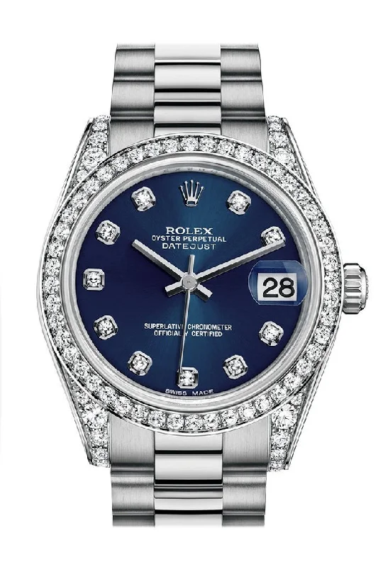 Rolex Datejust 31 Blue Diamond Dial Diamond Bezel Lug 18K White Gold President Ladies Watch 178159