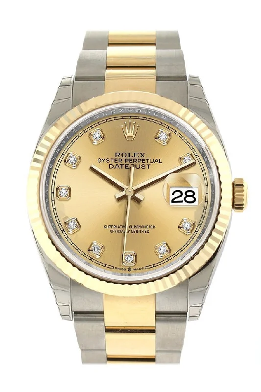 Rolex Datejust 36 Champagne-colour set with diamonds Dial Fluted Bezel Oyster Yellow Gold Two Tone Watch 126233 NP