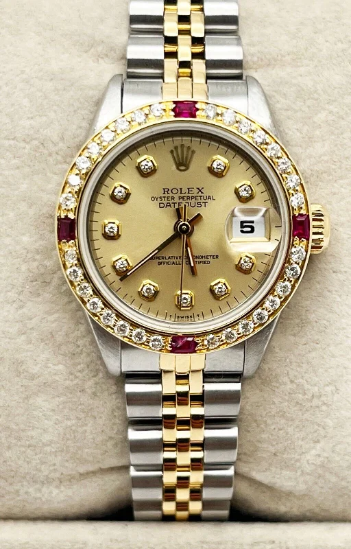 Rolex Ladies Datejust 69173 Diamond Dial Diamond Ruby Bezel 18K Gold Steel