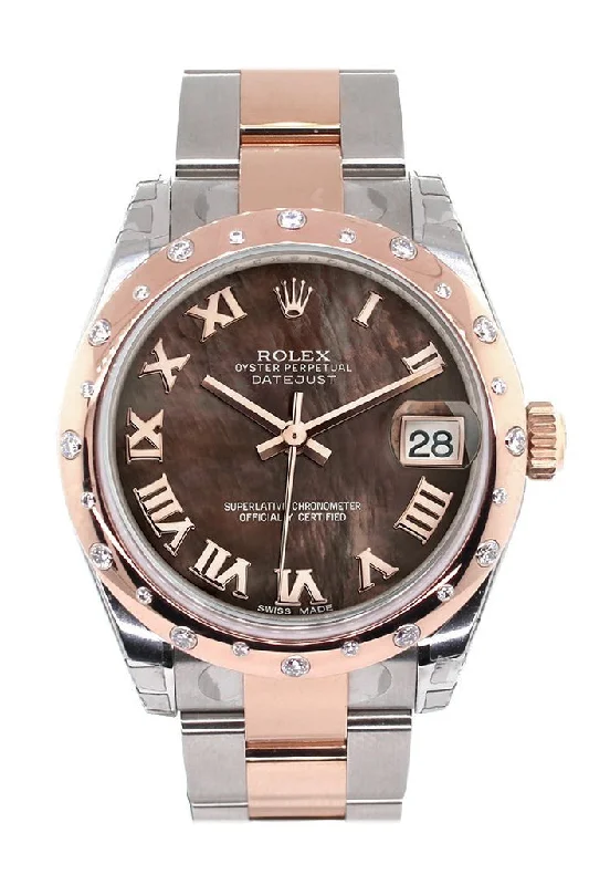 Rolex Datejust 31 Black Mother of Pearl Roman Dial Diamond Bezel 18K Rose Gold Two Tone Ladies Watch 178341