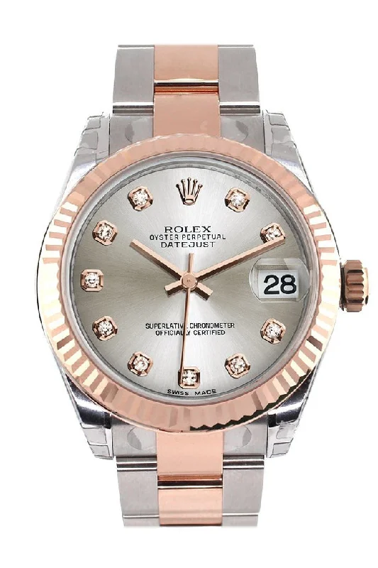 Rolex Datejust 31 Silver Diamond Dial Fluted Bezel 18K Rose Gold Two Tone Ladies Watch 178271