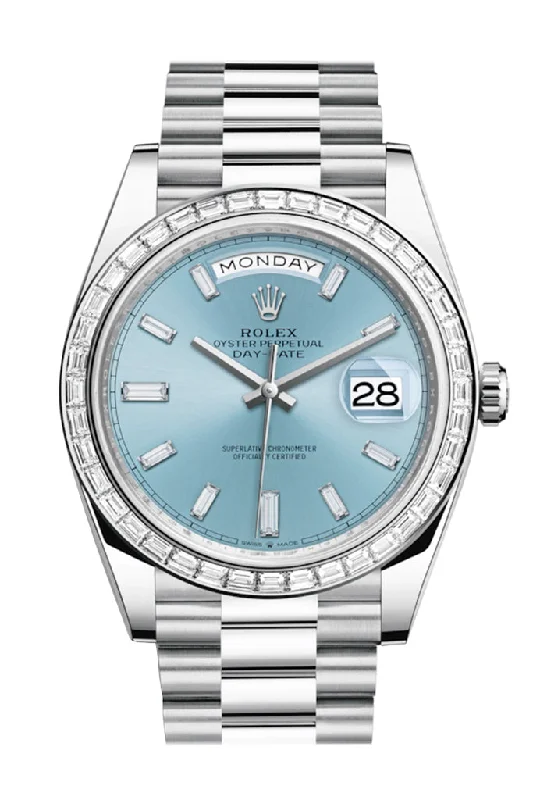 Rolex Day-Date 40 Ice Blue Baguette Diamond Dial 40 Baguette Diamond Bezel Platinum President Automatic Men's Watch 228396TBR 228396