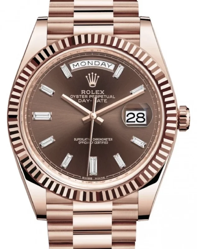 Replica Rolex Day-Date 40 Rose Gold Chocolate Diamond Dial & Fluted Bezel President Bracelet 228235