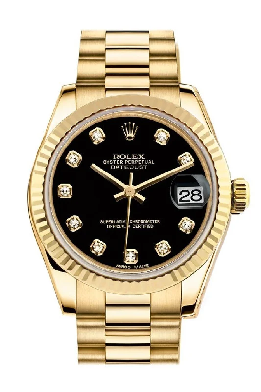 Rolex Datejust 31 Black Diamond Dial Fluted Bezel 18K Yellow Gold President Ladies Watch 178278