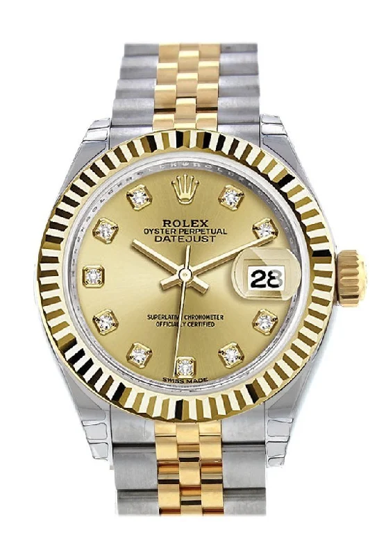 Rolex Datejust 28 Champagne Diamond Dial Fluted Yellow Gold Two Tone Jubilee Ladies Watch 279173