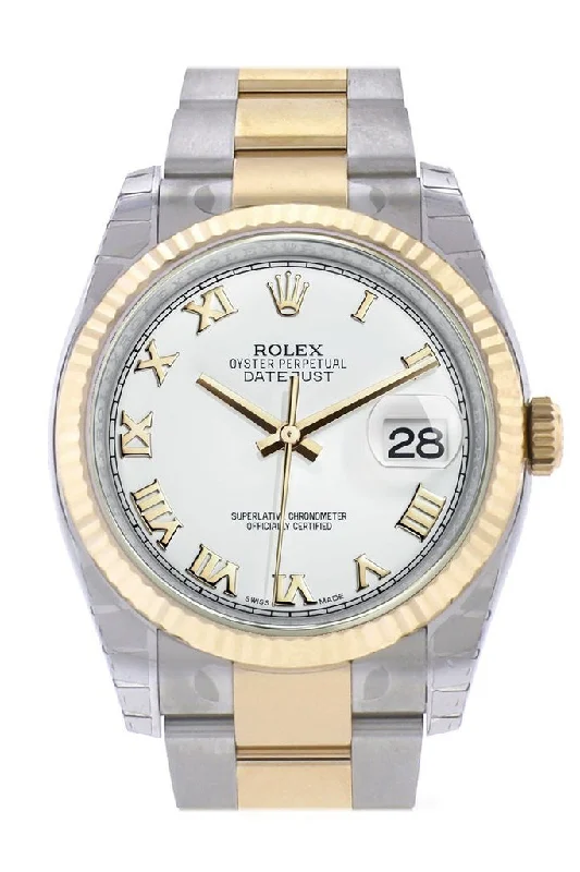 Rolex Datejust 36 White Roman Dial Fluted 18K Gold Two Tone Oyster Watch 116233