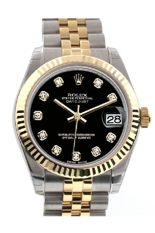 Rolex Datejust 31 Black Diamond Dial Fluted Bezel 18K Gold Two Tone Jubilee Ladies 178273