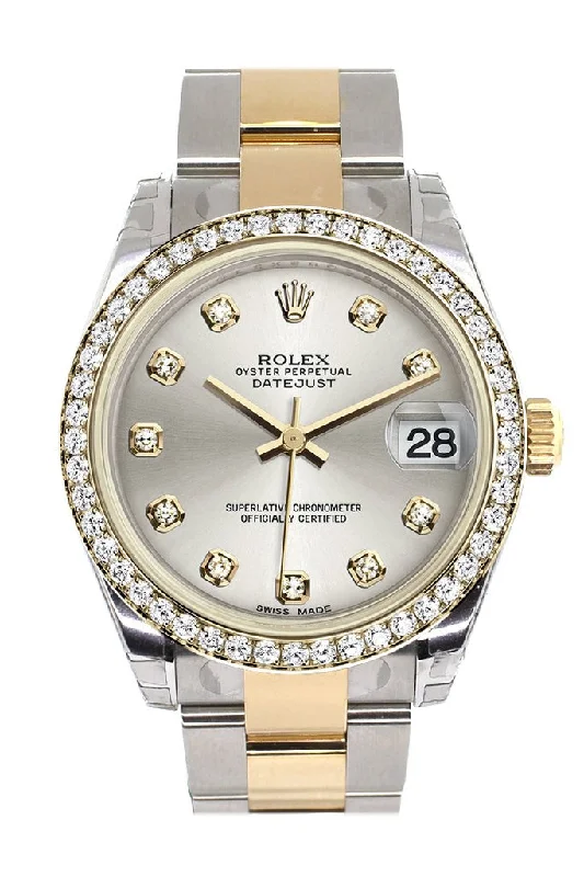 Rolex Datejust 31 Silver Diamond Dial Diamond Bezel Yellow Gold Two Tone Watch 178383