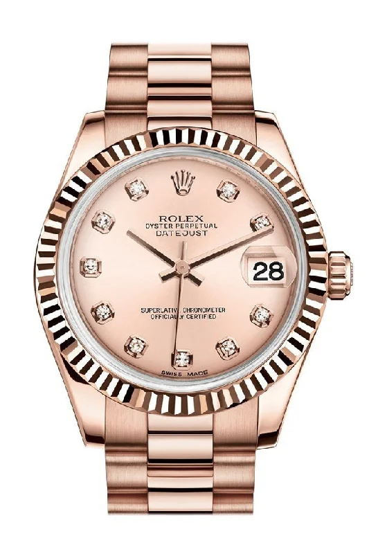 Rolex Datejust 31 Pink Diamond Dial Fluted Bezel 18K Everose Gold President Ladies Watch 178275