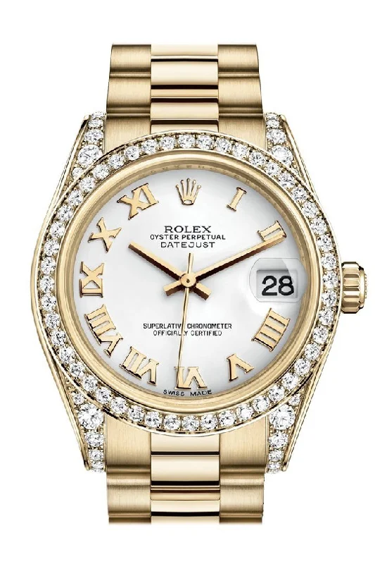 Rolex Datejust 31 White Roman Dial Diamond Bezel Lug 18K Yellow Gold President Ladies Watch 178158