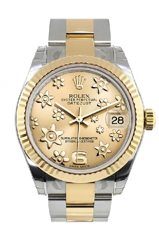 Rolex Datejust 31 Champagne Floral Motif Roman Dial Fluted Bezel 18K Gold Two Tone Ladies 178273