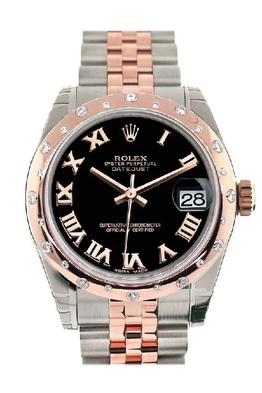 Rolex Datejust 31 Black Roman Dial Diamond Bezel 18K Rose Gold Two Tone Jubilee Ladies Watch 178341