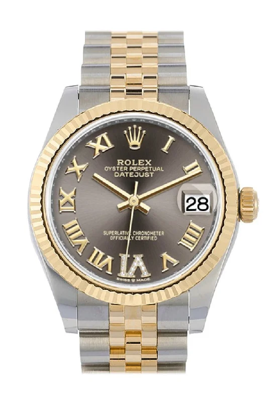 Rolex Datejust 31 Dark Grey Large VI set with Diamonds Dial Fluted Bezel 18K Yellow Gold Two Tone Jubilee Watch 278273 NP