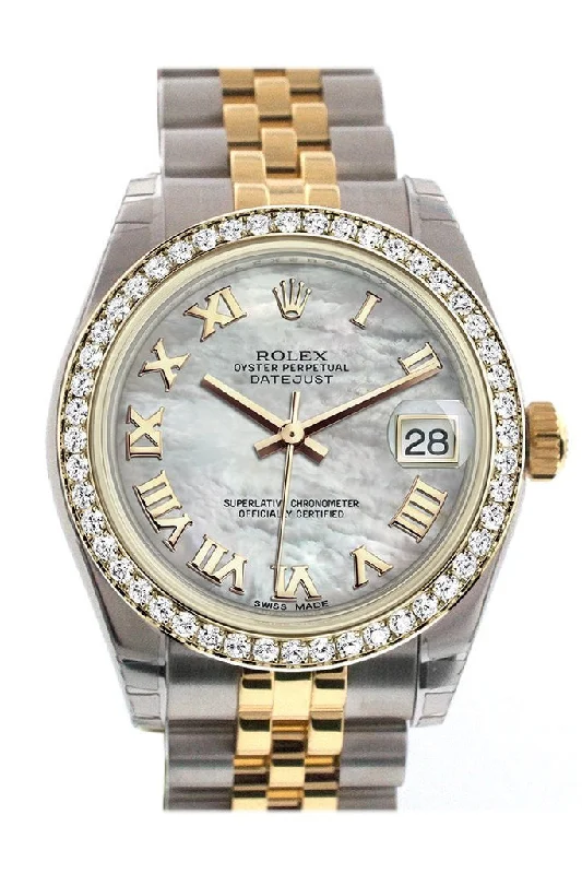 Rolex Datejust 31 White mother-of-pearl Roman Dial Diamond Bezel Jubilee Yellow Gold Two Tone Watch 178383