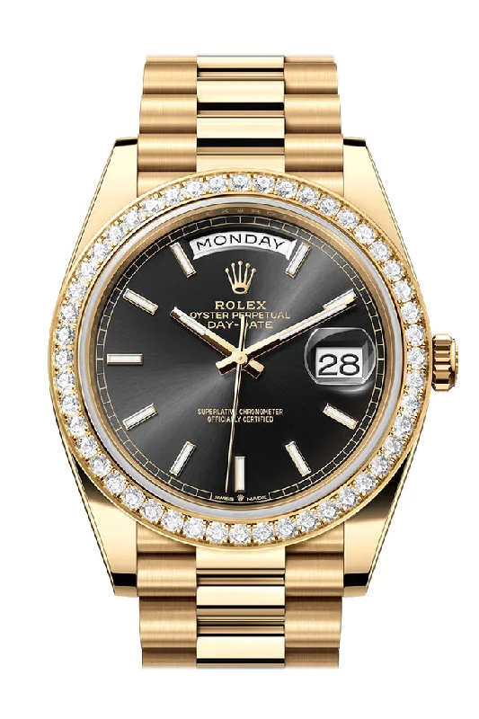 Rolex Day-Date 40 Bright Black Dial Diamond Bezel Yellow Gold President Men's Watch 228348RBR 228348