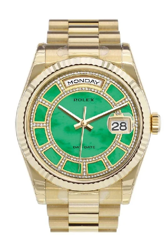 Rolex Day-Date 36 Carousel of green jade Dial Fluted Bezel President Yellow Gold Watch 118238