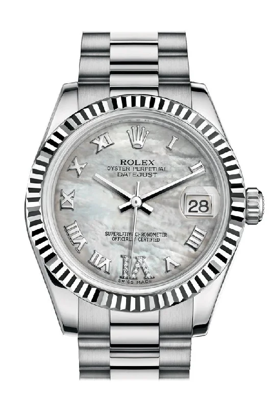 Rolex Datejust 31 White mother-of-pearl Large VI Diamond Dial Fluted Bezel 18K White Gold President Ladies Watch 178279