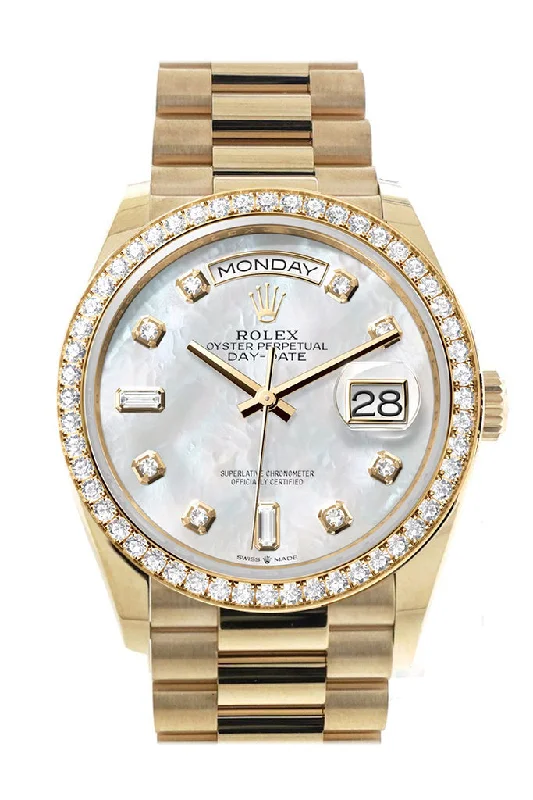 Rolex Day-Date 36 Mother of Pearl  Dial Gold Diamond Bezel Watch 128348RBR-0017 128348RBR