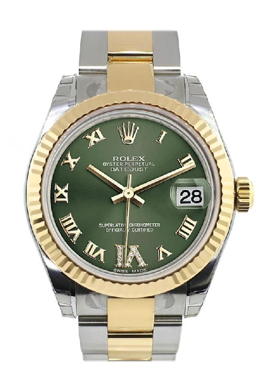 Rolex Datejust 31 Olive Green Roman Large VI Diamond Dial Fluted Bezel  18K Gold Two Tone Ladies 178273