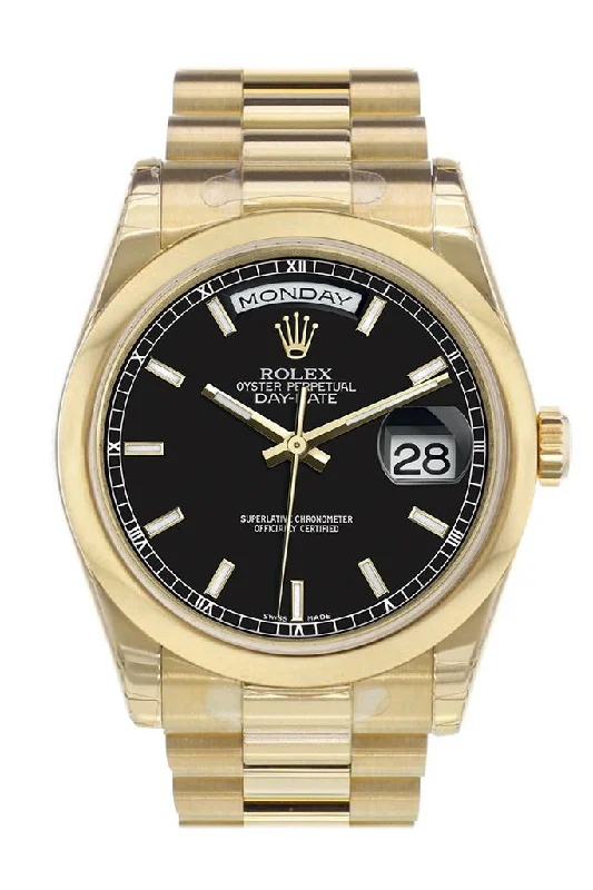 Rolex Day-Date 36 Black Dial President Yellow Gold Watch 118208