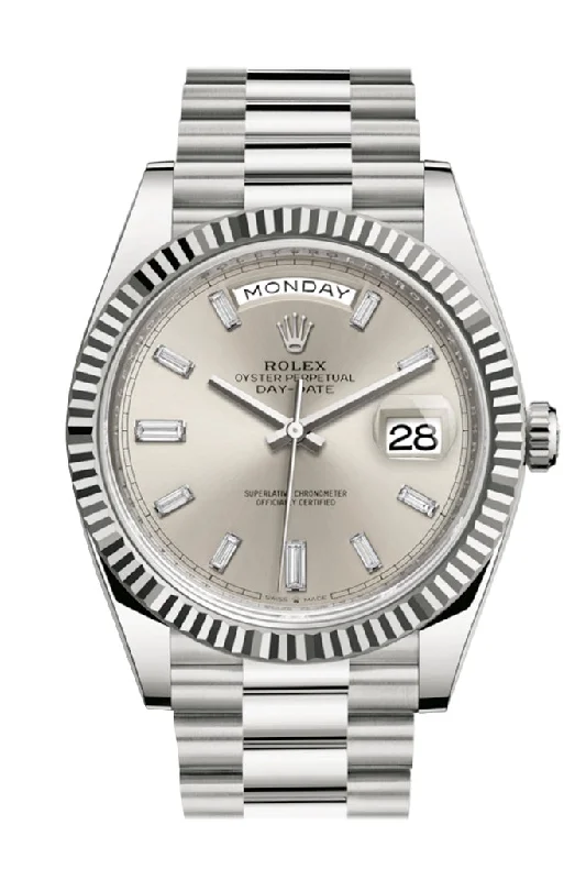 Rolex Day-Date 40 Silver Diamond Dial Fluted Bezel White Gold President Automatic Men's Watch 228239