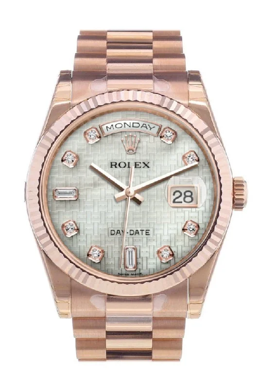 Rolex Day-Date 36 White mother-of-pearl with oxford motif set with diamonds Dial Fluted Bezel President Everose Gold Watch 118235