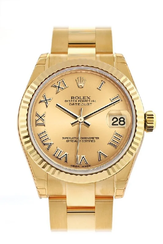 Rolex Datejust 31 Champagne Roman Dial Fluted Bezel 18K Yellow Gold Ladies Watch 178278