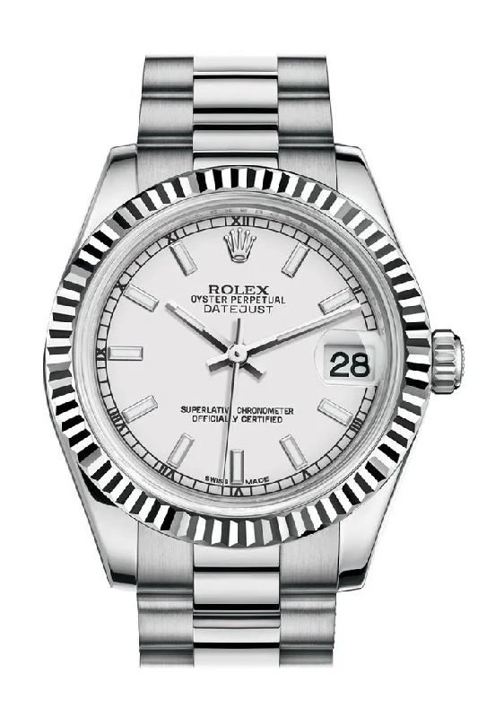 Rolex Datejust 31 White Dial Fluted Bezel 18K White Gold President Ladies Watch 178279