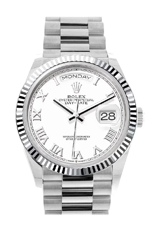 Rolex Day-Date 36 White Dial Fluted Bezel Platinum President Watch 128236