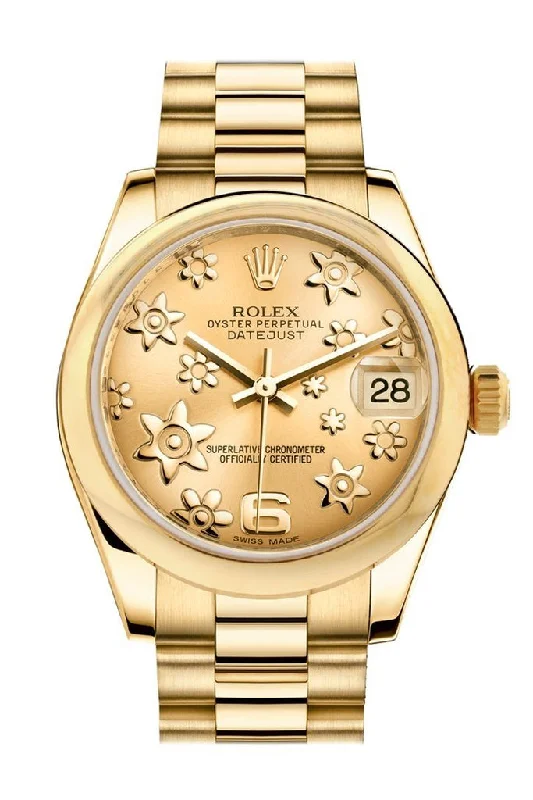 Rolex Datejust 31 Champagne Floral Motif Dial 18K Yellow Gold President Ladies Watch 178248