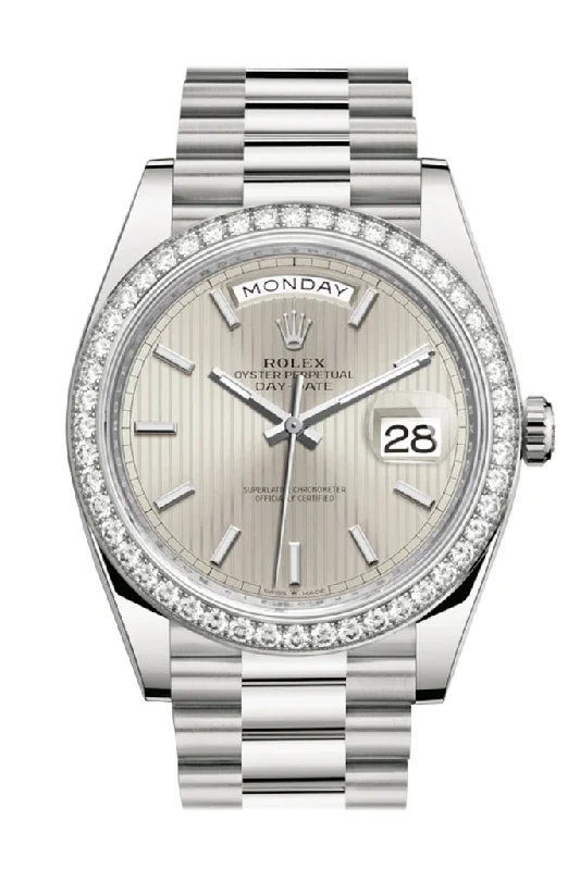 Rolex Day-Date 40 Silver Stripe Motif Dial Diamond Bezel White Gold President Automatic Men's Watch 228349RBR 228349