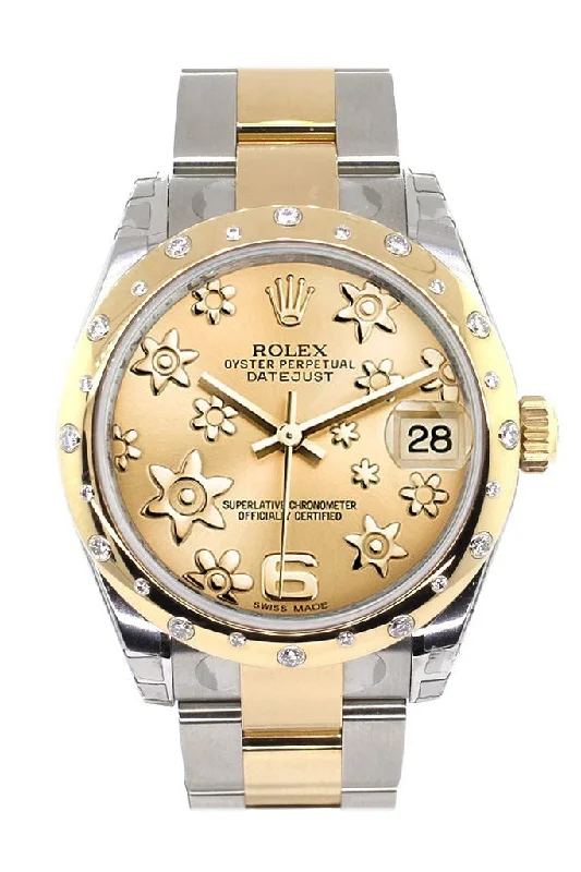 Rolex Datejust 31 Champagne Floral Motif RomanDial Diamond Bezel 18K Gold Two Tone Ladies 178343